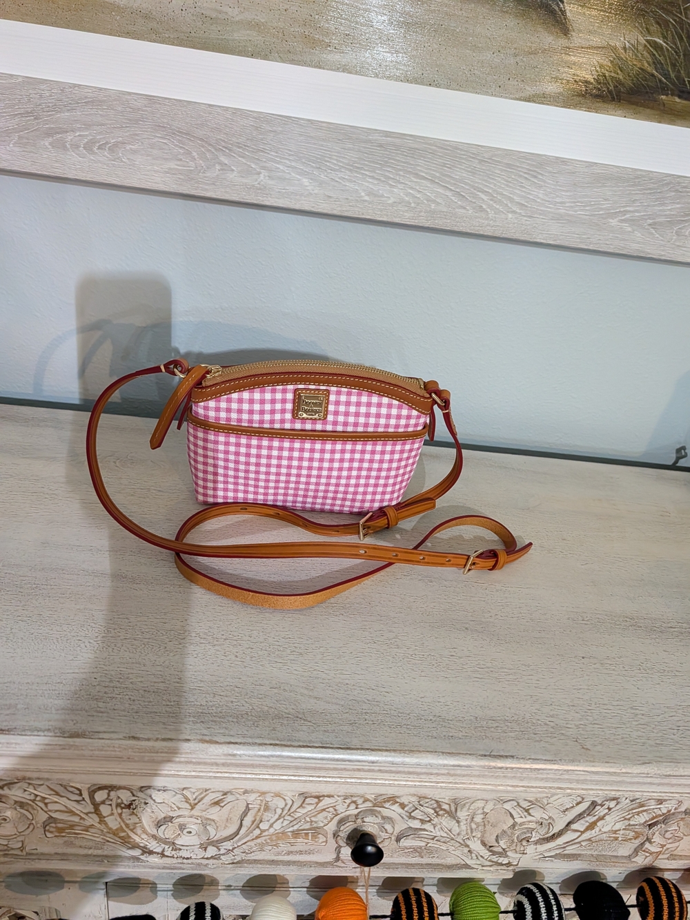 Dooney & Bourke Pink Gingham Crossbody with Tan Trim